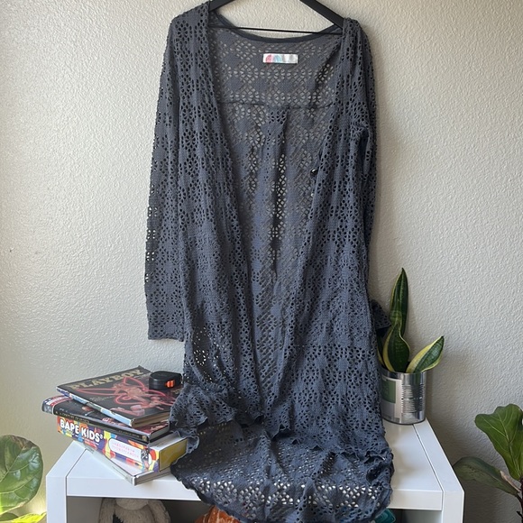Free People Beach Large Love Song Crochet Gray Hi Lo Cardigan Sweater - Picture 3 of 6